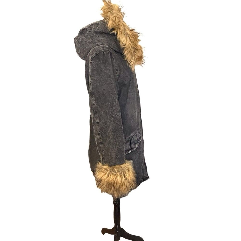 Y2K Fur Trim Penny Lane Hooded Coat Jacket Black Wash Distressed Denim Womens L - Picture 5 of 14